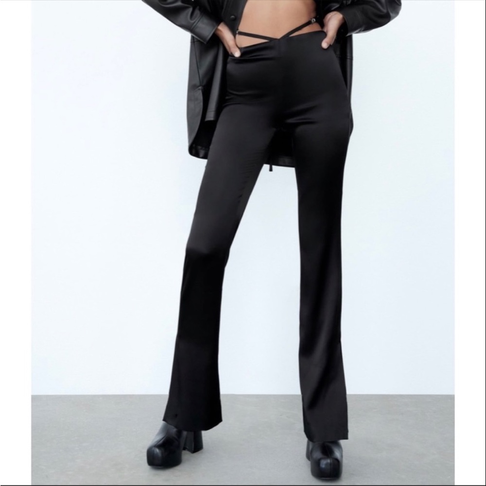 ZARA Satin Flare Leg High Waisted Pants - Picture 1 of 4